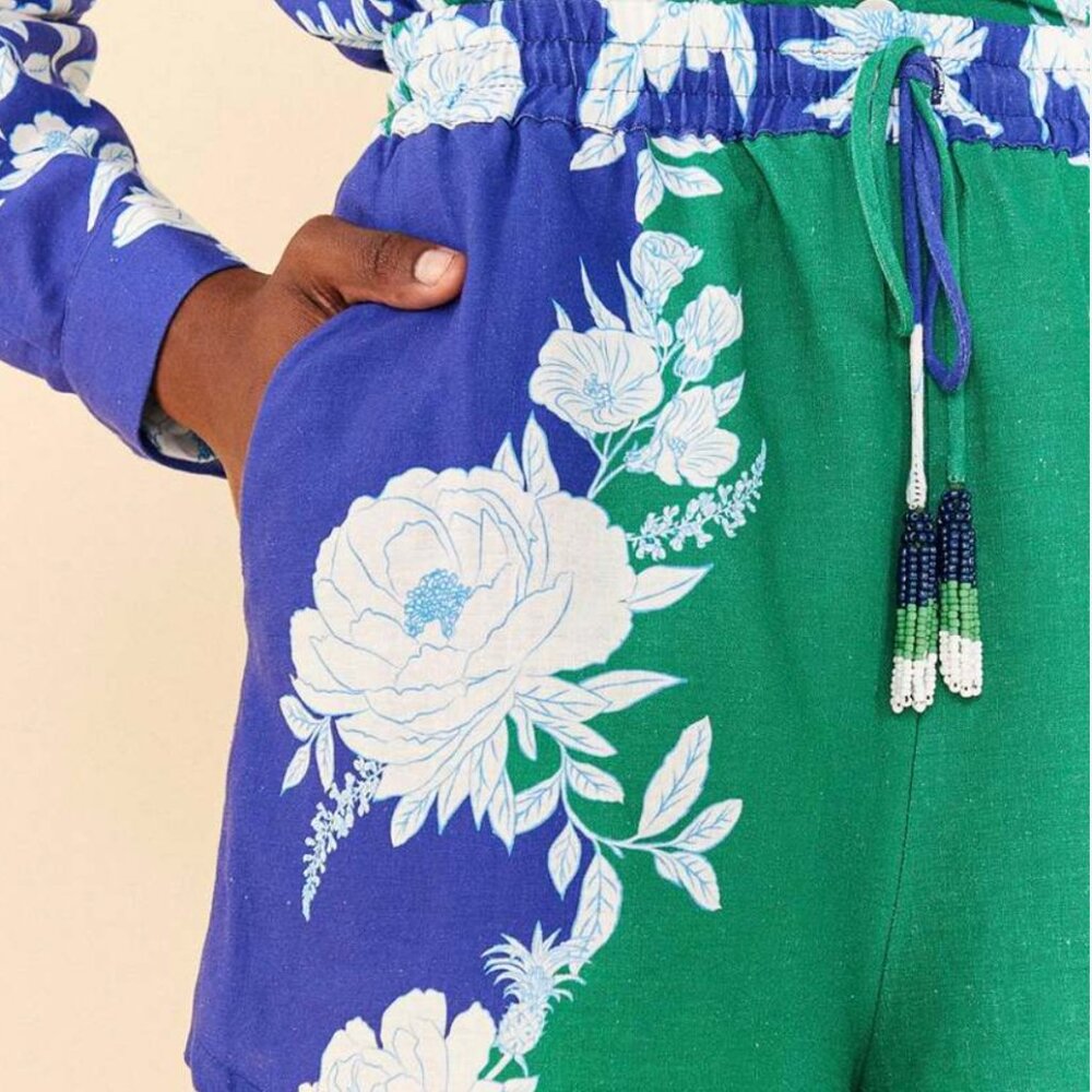 FARM Rio Blue & Green Floral High-Waist Shorts